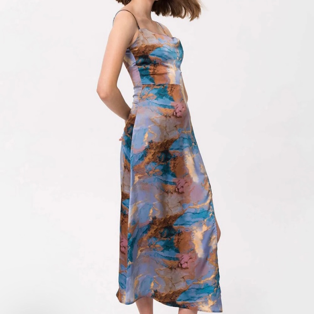 Micas Abstract Print Draped Neck Slit Midi Dress
